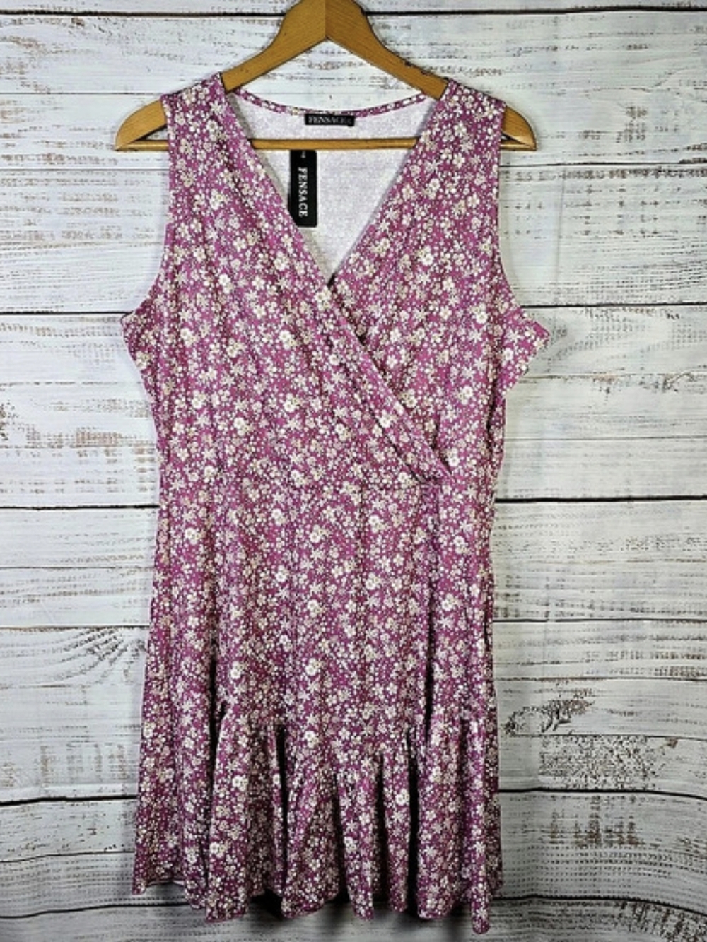 Fensace XL Pink Ditsy Floral Sleeveless Wrap Style Ruffle Hem Dress NWT